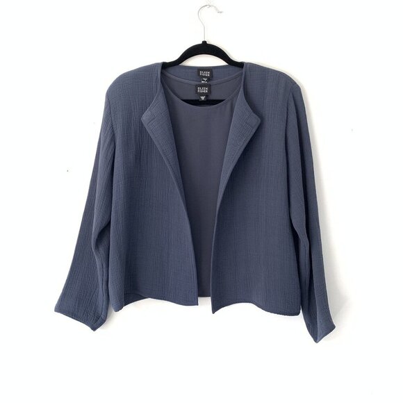 Eileen Fisher XS Gray Silk Shell Top & Textured Open Front Jacket Set Cardigan - Picture 10 of 10